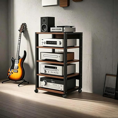 5 Tier AV Media Stand, Audio Rack Tower Stereo Components Cabinet, Home Theatre CD Record Player Stereo Receiver Equipment Rack with Adjustable Wood Shelves, Load 220lbs (Walnut Brown)