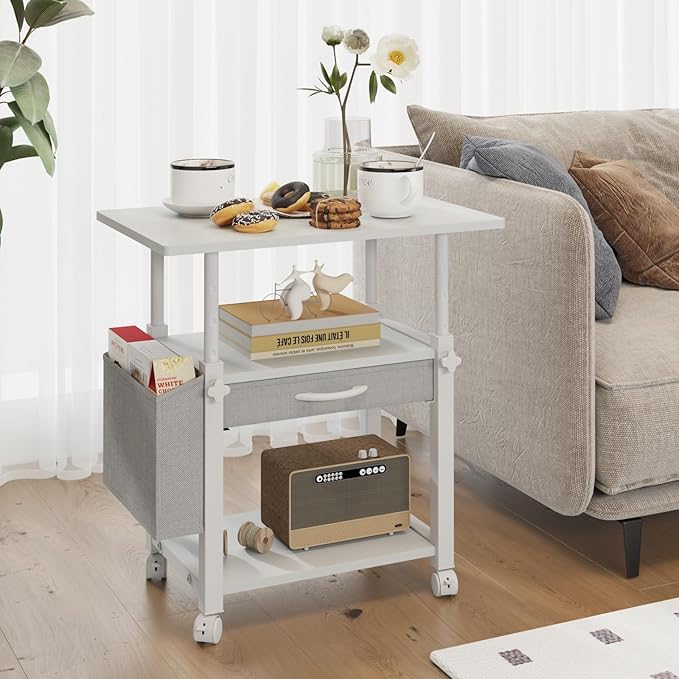 YAOHUOO 22"x15" Large Printer Stand with Drawer, 3-Tier Rolling Table Cart | Storage Drawer and Side Bag,Height Adjustable Cart,Fit printer/fax/3d/scanner,4 lock wheels or feet,White