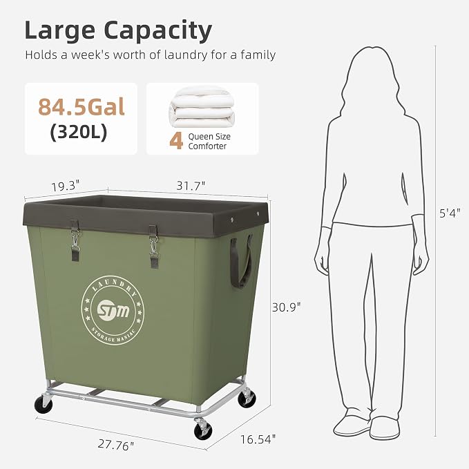 STORAGE MANIAC Commercial Laundry Hamper with Heavy Duty Steel Frame, 320 L Industrial Laundry Basket Cart with Wheels for Hotel, Home, Laundry Room, 31.7''L x 19.3''W x 30.91''H, Large Green