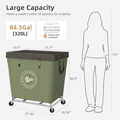 STORAGE MANIAC Commercial Laundry Hamper with Heavy Duty Steel Frame, 320 L Industrial Laundry Basket Cart with Wheels for Hotel, Home, Laundry Room, 31.7''L x 19.3''W x 30.91''H, Large Green