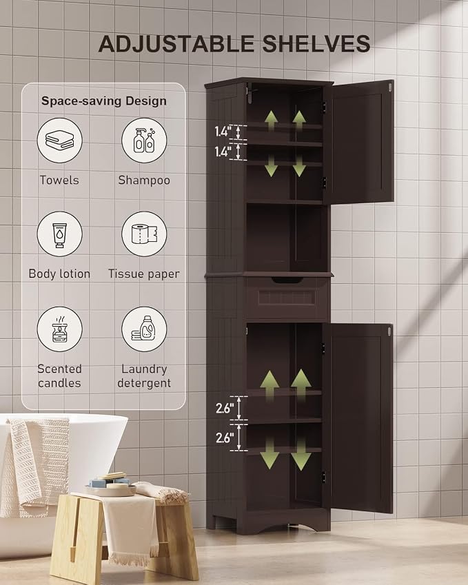 Gizoon 67" H Tall Bathroom Cabinet, Storage Cabinet with 2 Doors & Drawer, Narrow Linen Tower Freestanding Adjustable Shelves for Home, Kitchen, Versatile, Anti-Tipping, Dark Brown | Tall