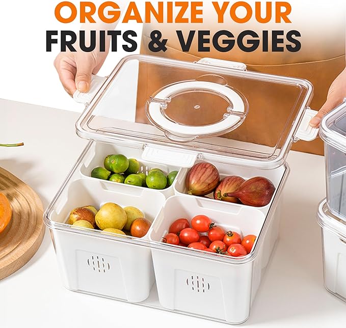 Cheer Collection Fruit Organizer for Refrigerator – 4-Compartment Produce Saver with Lid & Handle, Fruit and Veggie Storage Containers, Produce Containers for Fridge Organization & Storage