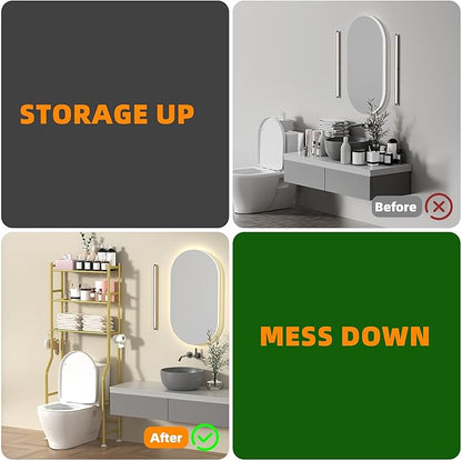 3-Tier Over The Toilet Storage, Space Saver Metal Bathroom Shelves, Freestanding Above Over Toilet Storage Shelf with 4 Hooks for Bathroom, Gold