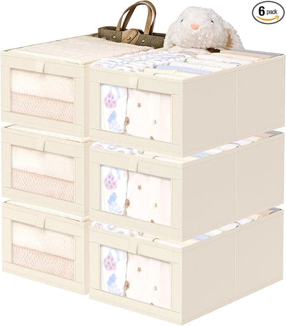 Criusia 6 Pack Linen Closet Organizers and Storage, Large Linen Closet Baskets for Organization, Foldable Storage Containers for Clothing, Towels, Toys, Jeans, Books, Shelves, Beige