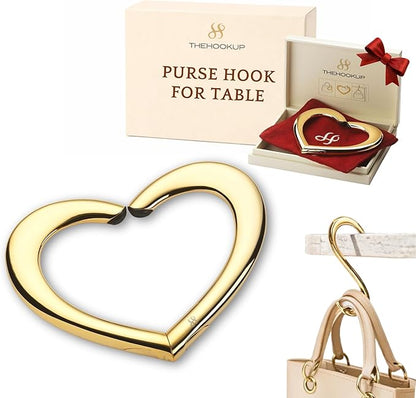 FafaConcepts 22K Gold Purse Hook Hanger, Heart Shape Charm – Ultra-Lightweight, Heavy duty S Hook for Cafe, Work & Travel | Holds Up to 30 lbs | Christmas Gift, Bag Holder, Stocking Stuffers for Women