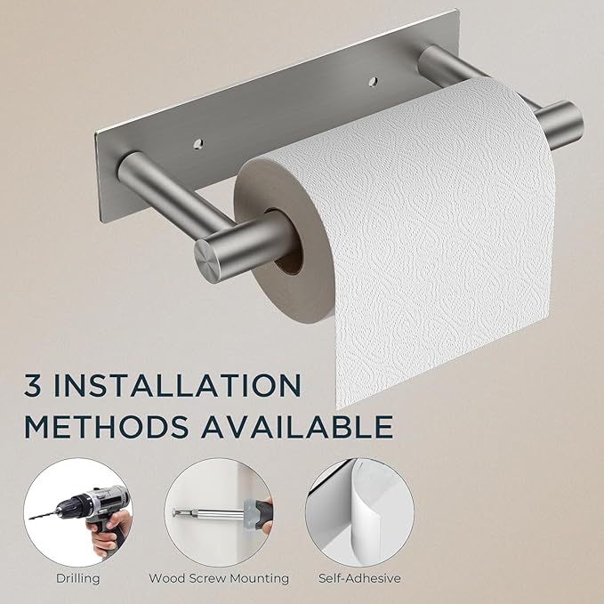 FORIOUS Adhesive Toilet Paper Holder Brushed Nickel, Self Adhesive or Wall Mounted Options, Stainless Steel Rustproof Stick on no Drilling Pivoting Toilet Tissue Roll Holder Wall Mount for Bathroom