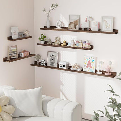 Heimlove Picture Ledge Shelf, Floating Shelves Set of 2, 24 Inches Picture Shelf for Wall with Ledge, Kids Bookshelf Wall Mounted for Living Room Bedroom Decor Books Photo Frames - Walnut
