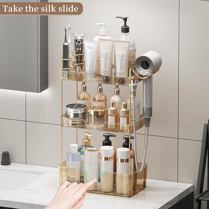 Akinbas 3 Tier Bathroom Organizer Countertop Makeup Perfume Tray Skincare Organizer Comes with Hair Dryer Rack and Toothbrush Holder for Bathroom Dresser Vanity (Gold)