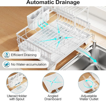 GSlife Large Dish Drying Rack 2 Tier, Expandable Kitchen Dish Drainer for Pots and Pans, 360° Swivel Spout, Rust-Resistant Metal Dish Rack with Utensil & Cup Holder, 16.9" W x 14.4"-22.4" L, White