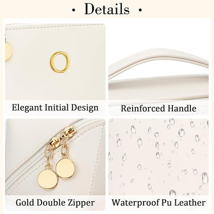 Valentine's Day Gifts for Women Teen Girl, Personalized Initial Makeup Organizer Bag Set, Open Flat Travel Cosmetic Bag With Clear Divider and Handle(Beige,O)