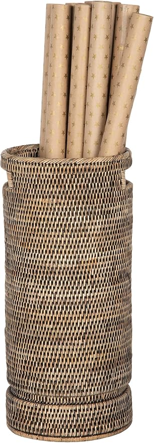 Kouboo La Jolla Round Rattan Umbrella Stand with Water Catch Black-Wash