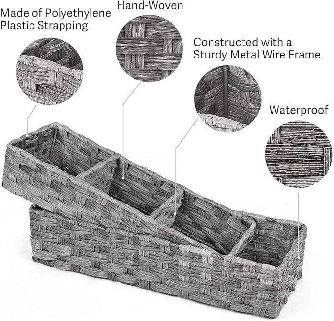 LotFancy Toilet Paper Storage Basket, 2 Pack Woven Toilet Tank Topper Basket, Back of Toilet Storage Basket, Rustic Farmhouse Bathroom Décor, Grey