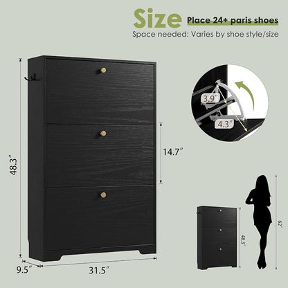 Nicetree Shoe Cabinet with 3 Flip Drawers, Narrow Shoe Organizer Cabinet, Freestanding Shoe Rack Cabinet, Modern Shoe Storage Cabinet for Entryway, Hallway, Foyer, Black