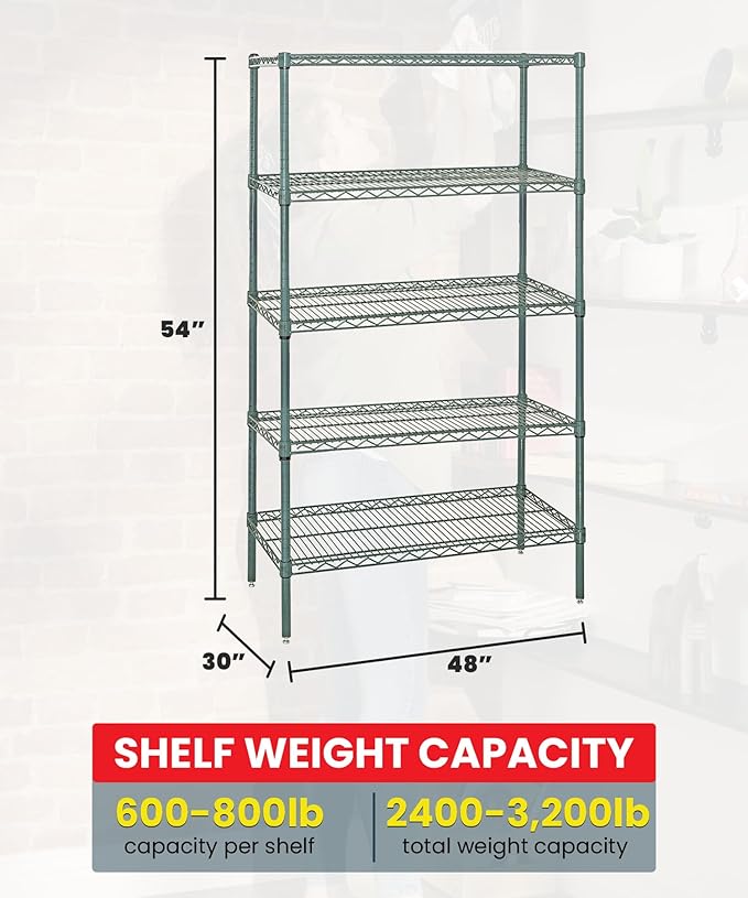 Quantum Storage Systems WR54-3048P-5 Starter Kit Wire Shelves Green Epoxy 5 Shelves 54" H x 48" W x 30" D