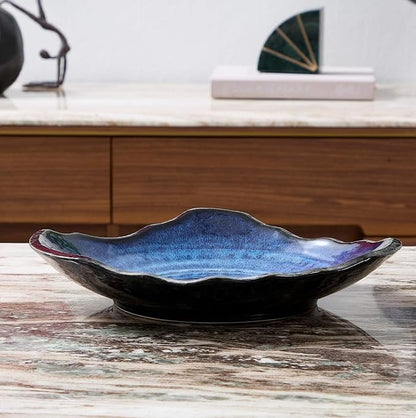 Large Ceramic Decorative Bowl – Blue Reactive Glaze Centerpiece Bowl, Modern Coffee Table Decor Dish, Entryway Catchall Key Bowl, Decorative Fruit Bowl for Dining Table Living Room (12” Dish)