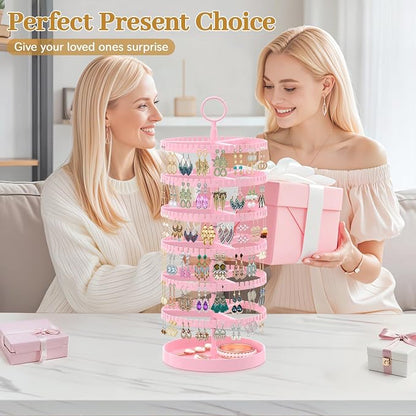 MODOWEY 6 Tier Rotating Earring Holder Organizer Display Tree with Metal Tray, Adjustable Plastic Stand with 342 Slots for Stud Hoop Hanger, Large Capacity Storage Rack for Women, Pink