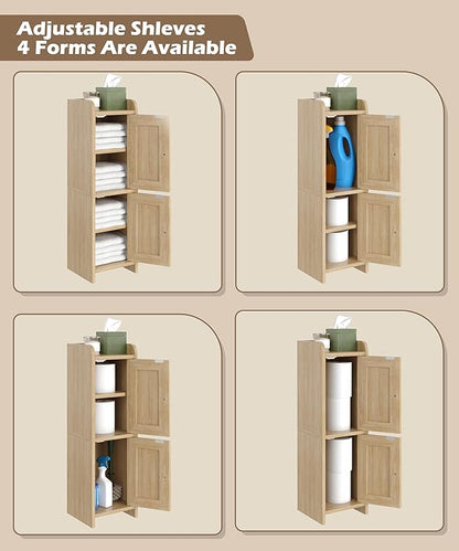 Akxomel Rattan Small Bathroom Cabinet with 2 Doors, 7.9''D x 7.9''W Narrow Toilet Paper Storage Cabinet, Bathroom Organizer for Small Spaces, Wooden Slim Corner Unit with Adjustable Shelf, Natural Oak