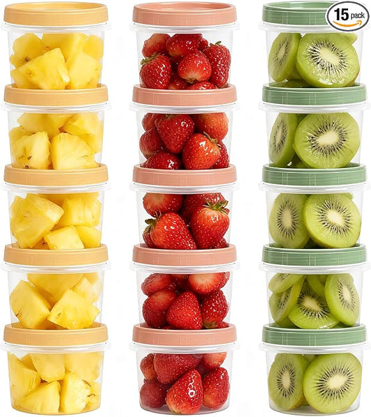 16 Oz Plastic Containers with Lids, 15 Pack Overnight Oats Containers with Lids, Stackable Reusable Twist Screw Top 2-Cup Freezer Storage Container for Food Soup Jello Sauce, Yellow/Green/Red Ocher