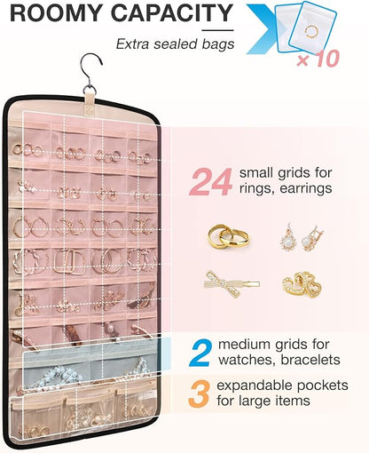 BAGSMART Hanging Jewelry Organizer, Necklace Holder Anti-tangle Earrings Rings Hanger with 10 Jewelry Bags Travel Storage Roll with Pockets Hang on Closet, Wall, Door,1 Piece, Small, Black