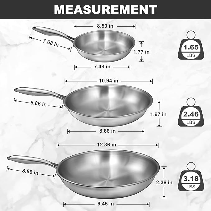 EWFEN Tri-Ply Stainless Steel Frying Pans Set, 8”/10”/12” Cooking pans, PFOA&PTFE Free Skillet, Induction Cooking Pan, Dishwasher and Oven Safe, Fast & Even Heat, Heavy Duty and Detachable Handle