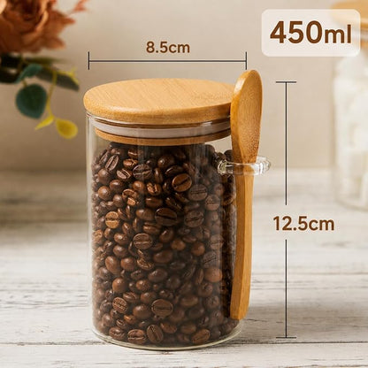 Coffee Sugar Container Salts Jars - 15oz Glass Airtight Caning with Bamboo Lids and Spoons Scoop, Storage Overnight Oats, Spice, Creamer, Food Organizer, Set of 3