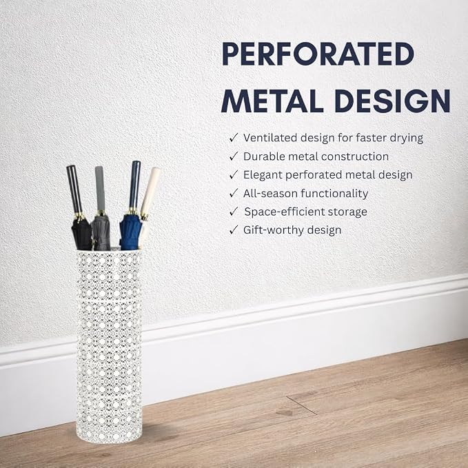 Concepts 8x20 inch Heavy Duty Metal Umbrella Stand - Durable Storage Holder for Umbrellas - Indoor and Outdoor Use - Stylish and Modern Organizer for Entryways. (White Flower Lace)