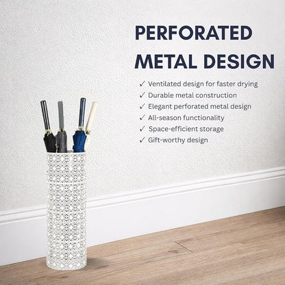 Concepts 8x20 inch Heavy Duty Metal Umbrella Stand - Durable Storage Holder for Umbrellas - Indoor and Outdoor Use - Stylish and Modern Organizer for Entryways. (White Flower Lace)