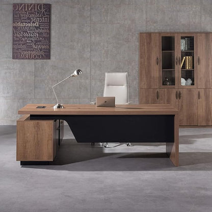 Retractable L-Shaped Executive Desk, Modern Office Desk with Drawers and Lateral File Cabinet, Large Computer Desk with Storage Shelves, Workstation for Home Office (Right Return, 70.86 - 78.7 IN)
