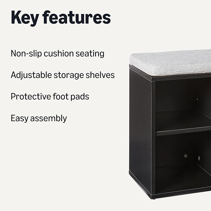 Amazon Basics Shoe Storage Bench with Cushion, 6 Cubbies, Adjustable Storage Shelves, Black