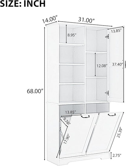 Merax Cabinet with Tilt-Out Laundry Hamper Basket, Tall Bathroom Storage Organizer Linen with Open Shelf for Home, Freestanding, Oak