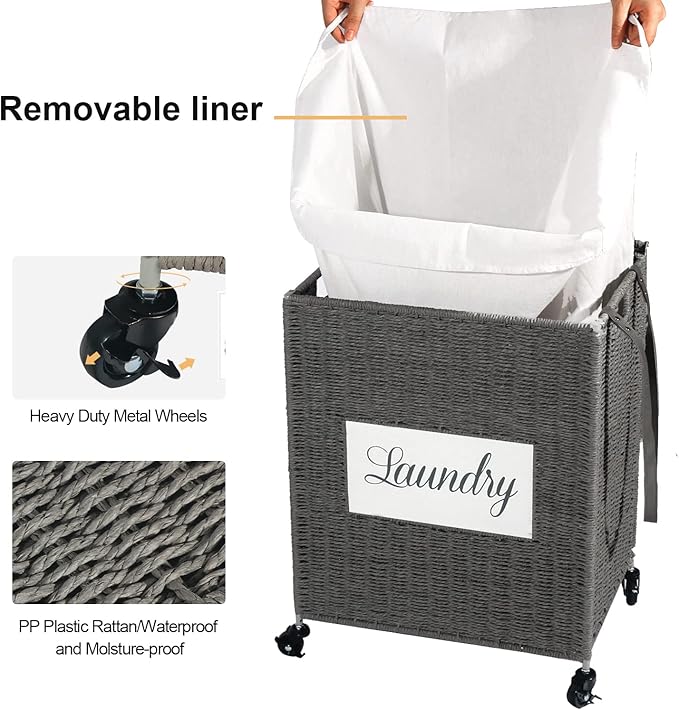 Mxfurhawa Laundry Basket, Heavy Duty Cotton Liner Laundry Storage Hamper with Handles, Collapsible Clothes Wire Basket Organizer Laundry Bag (89GY-H)