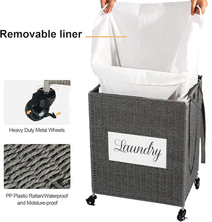 Mxfurhawa Laundry Basket, Heavy Duty Cotton Liner Laundry Storage Hamper with Handles, Collapsible Clothes Wire Basket Organizer Laundry Bag (89GY-H)