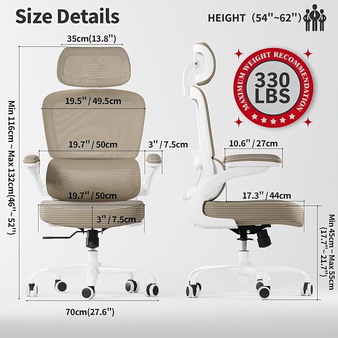 TRALT Ergonomic Office Chair - Desk Chair with Adjustable Headrest Lumbar Support Computer Chair - Mesh Comfy Chair with Flip-up Armrests - Gaming Chairs for Adults Home Office (PU Leather,Khaki)
