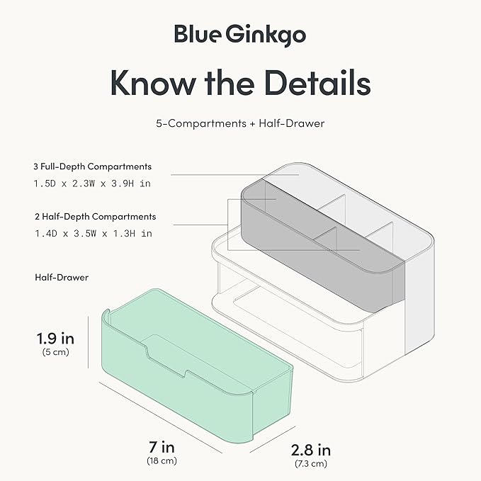 BLUE GINKGO Compact Desk Organizer – Small 5-Compartment, Half Drawer Storage – Pen Holder, Stationery Organizer for Desktop, Vanity, Shelf (Made in Korea, White)
