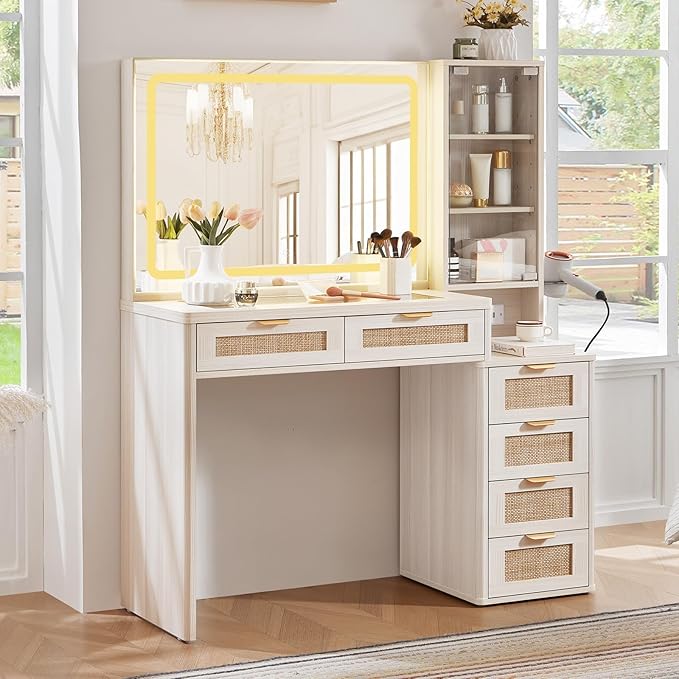 LEYAOYAO Rattan White Vanity Desk with Mirror and Lights, 43.5'' Boho Makeup Vanity with 6 Drawers and Adjustable Shelves, Make Up Vanity Dressing Table with Glass Top and Power Outlet for Bedroom
