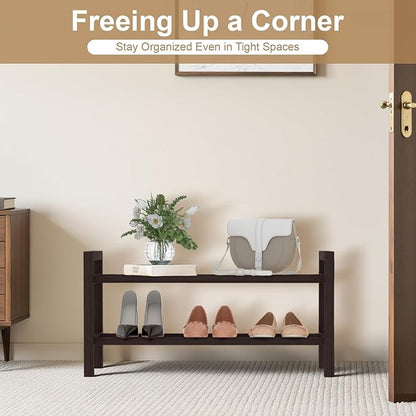 Haddockway Bamboo Shoe Rack for Closet, Free Standing Shoe Organizer with Smooth Round Rods & Convenient Handles, Stackable Shoe Storage Shelf for Entryway, Hallway(Brown, 2-Tier(Small))