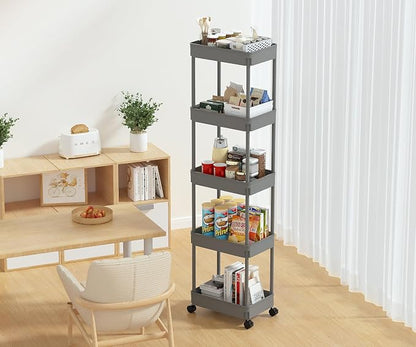 Sooyee 5-Tier Plastic Rolling Utility Cart with Wheels, Multi-Functional Storage Trolley for Office, Living Room, Kitchen, Movable Storage Organizer with Wheels,Grey