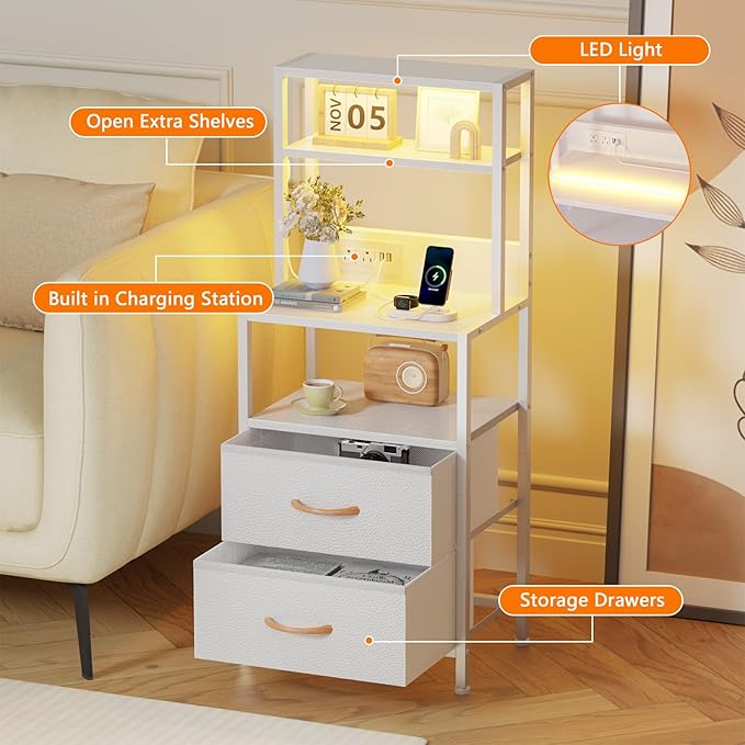 Furnulem Night Stand, Tall White Nightstand with 4-Tier Shelves, 2 PU Fabric Drawers and Led Lights, Bed Side Tables with Charging Station, Bedside Table for Bedroom