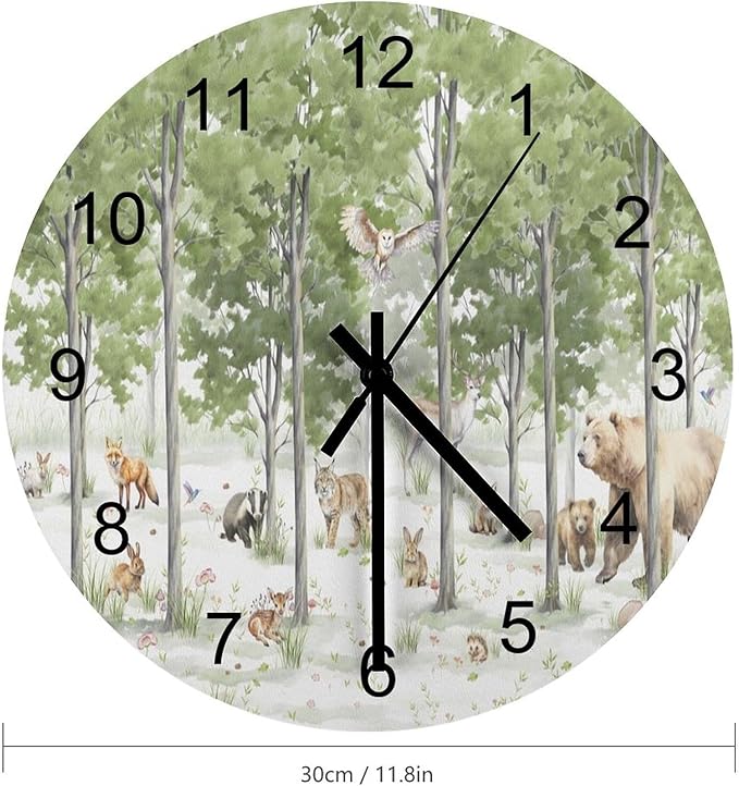 Forest Wood Wall Clock, Cartoon Forest Nature Animal Bear, Deer, Fox, Rabbit Style Pattern 12 Inch Silent Non-Ticking Battery Operated Round Clock for Bedroom Living Room Office Kitchen Decor