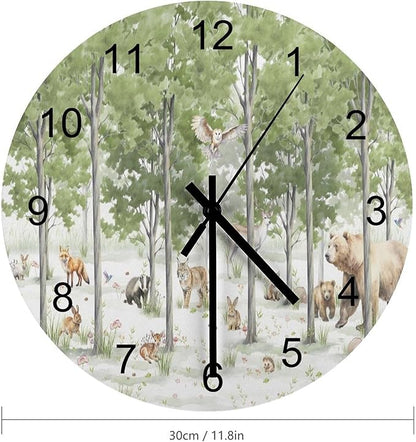 Forest Wood Wall Clock, Cartoon Forest Nature Animal Bear, Deer, Fox, Rabbit Style Pattern 12 Inch Silent Non-Ticking Battery Operated Round Clock for Bedroom Living Room Office Kitchen Decor