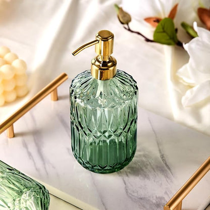 COHOSEGE 17 Oz Green Glass Kitchen Soap Dispenser for Dish Soap, 2 Pack Bathroom Soap Dispenser Set with Gold Rust Proof Pump for Lotion, Hand soap or Body Wash