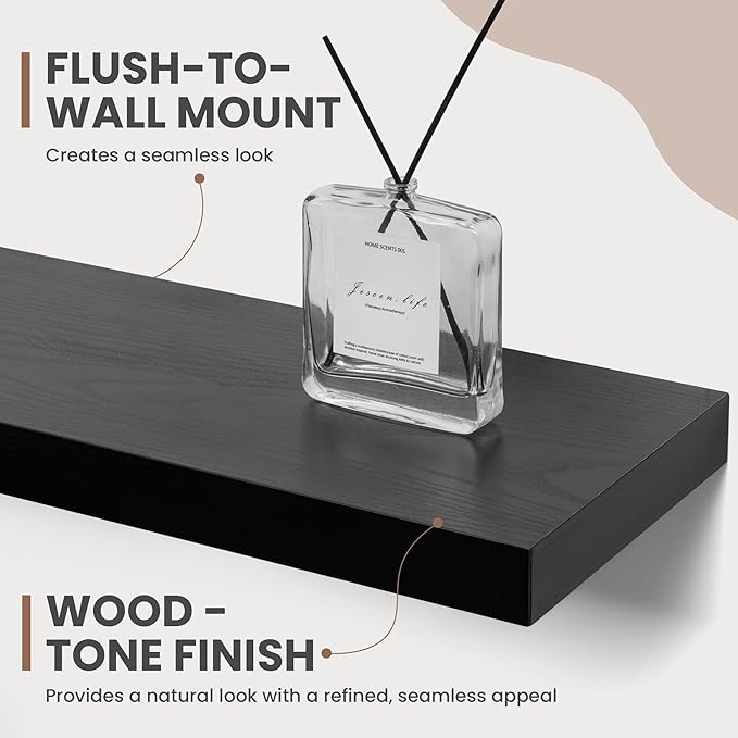 Acovy 48 Inch Floating Shelves, 8 Inch Deep Floating Shelves for Wall, Hanging Shelf with Invisible Brackets, Deep Shelves for Bathroom, Bedroom, Living Room, Black, Set of 1