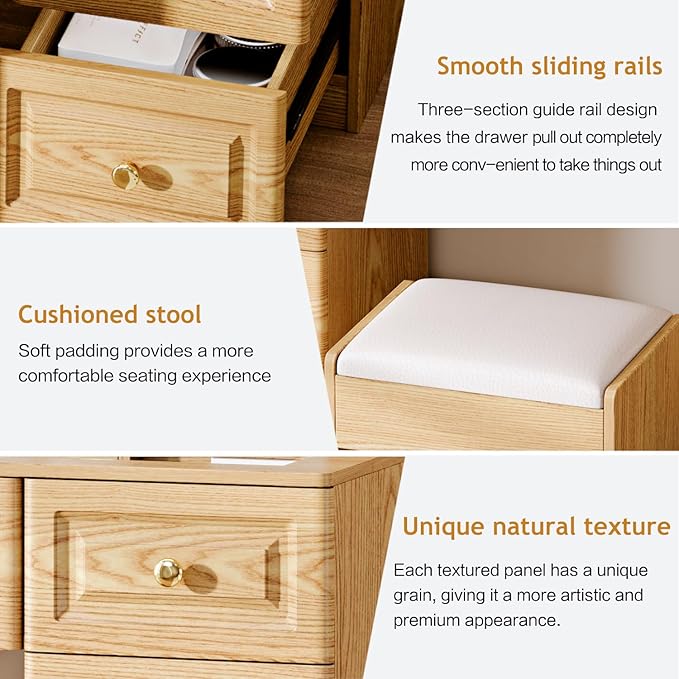 43" Makeup Vanity Desk with Mirror and Lights, & Power Outl, Glass Top Big Vanity Table with 9 Drawers& 8 Storage Shelves, Dressing Table Set with Chair for Bedroom, Wood