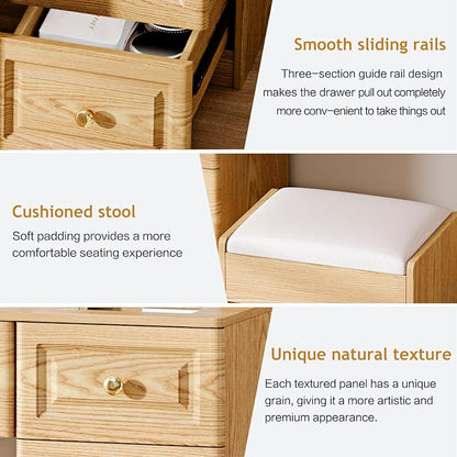 43" Makeup Vanity Desk with Mirror and Lights, & Power Outl, Glass Top Big Vanity Table with 9 Drawers& 8 Storage Shelves, Dressing Table Set with Chair for Bedroom, Wood