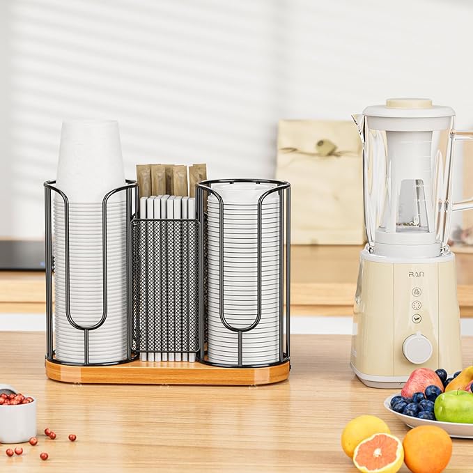 Coffee Cup and Lids Holder - Disposable Cups Straws Organizer with Wooden Base - Paper Plastic Cup Holder Dispenser Storage for Countertop Coffee Station Bar Restaurant Office Breakroom Shop Kitchen