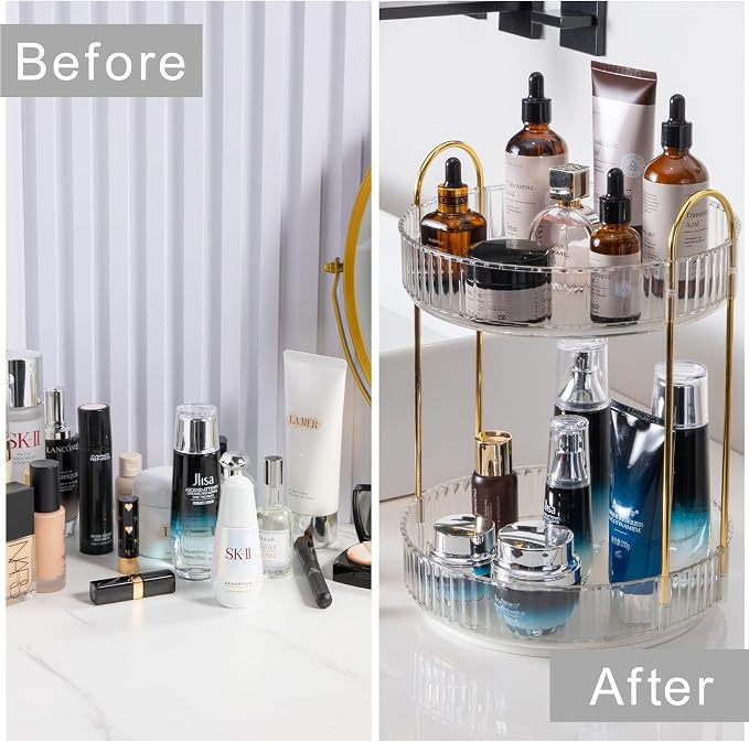 INVSSENE 360° Rotating Makeup Organizer, Bathroom Make Up Spinning Holder Rack, Large Capacity Cosmetics Storage Vanity Shelf Countertop, Fits Cosmetics, Perfume, Skincare(2 Tiers, Clear)