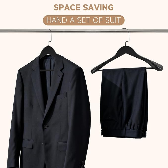 17.5" Wooden Suit Hangers with Non Slip Pants Bar, 6-Pack Wood Extra-Wide Shoulder Hangers with Flat-Head Hook for Suits, Coats, Jackets, Shirts, Pants, Heavy Clothes (Black)