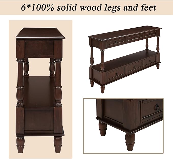 KEIKI 54”L Pine Solid Wood Entryway Console Table with 6 Storage Drawers, Vintage Behind Couch Sofa Table with 2 Tiers Open Shelf for Hallway, Entrance, Entry Way, Living Room, Foyer
