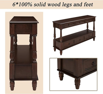 KEIKI 54”L Pine Solid Wood Entryway Console Table with 6 Storage Drawers, Vintage Behind Couch Sofa Table with 2 Tiers Open Shelf for Hallway, Entrance, Entry Way, Living Room, Foyer