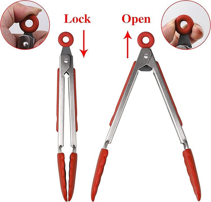 Hot Target Set of 3 (7, 9, 12 inches) Kitchen Tongs for Cooking - Heavy Duty & Non-Stick with Stainless Steel - Kitchen Tongs with Silicone Tips - Heat Resistant Long Food Tongs for Grilling BBQ - Red